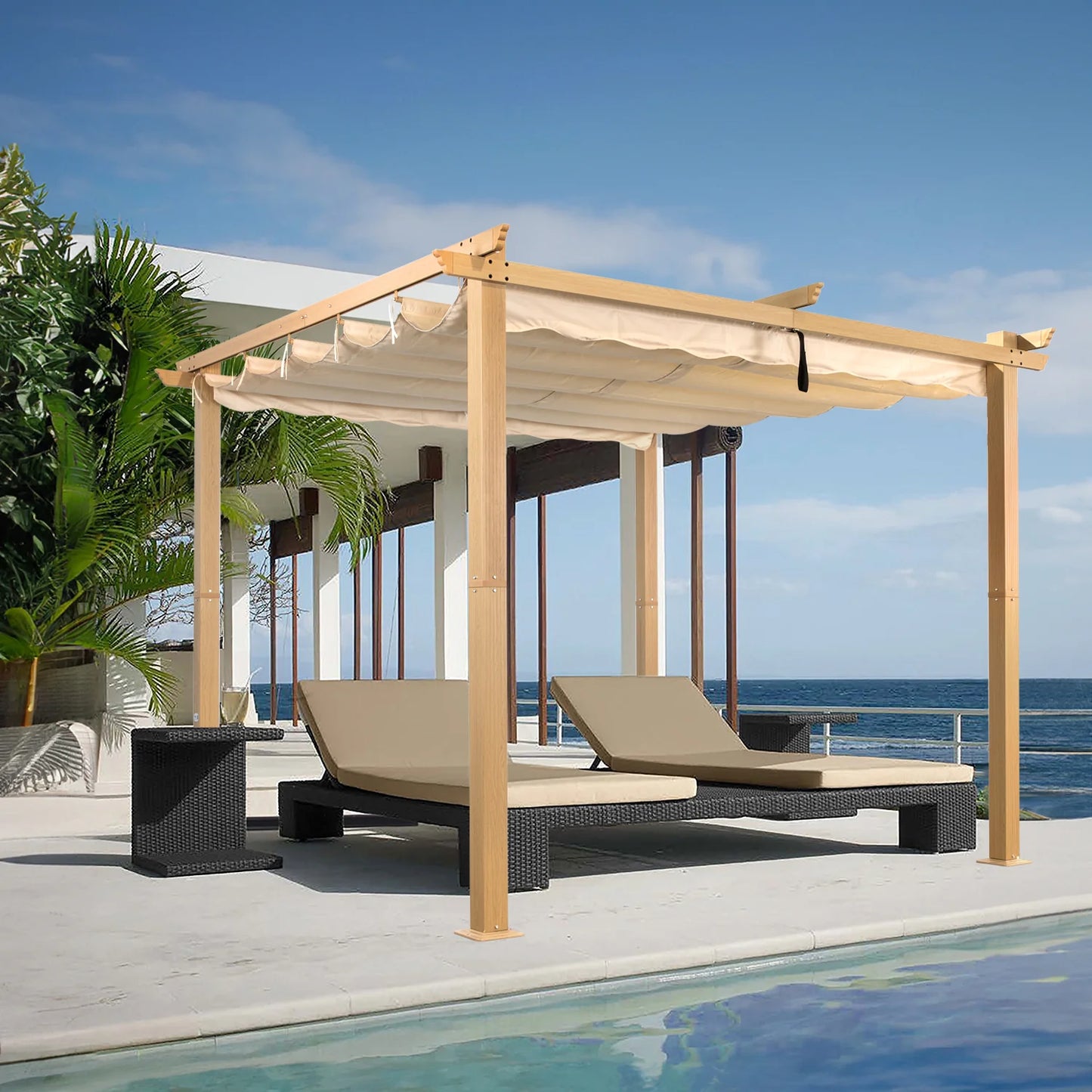 Pergola Angel Living en aluminium 3 × 3 m, jaune crème – Toit rétractable UV50+, tubes de toit en acier, revêtement par poudrage
