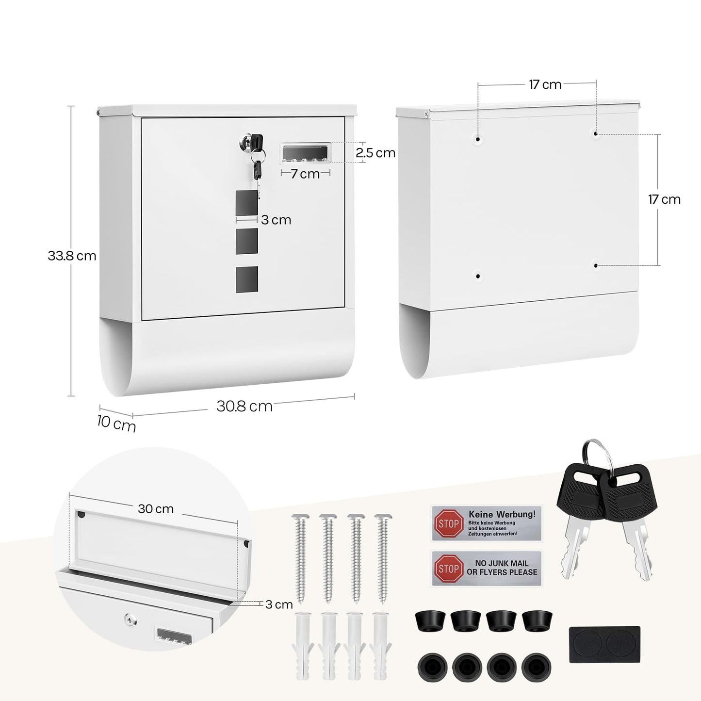 Boîte aux lettres murale Woltu - 10 x 30,8 x 33,8 cm - Compartiment à journaux - Plaque nominative - Blanc