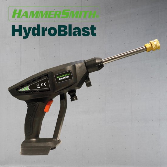 Pistolet de lavage auto Hammersmith HydroBlast 2-en-1 - Nettoyeur haute pression sans fil avec batterie rechargeable pour le nettoyage du jardin, des véhicules et des surfaces extérieures - Nettoyeur puissant