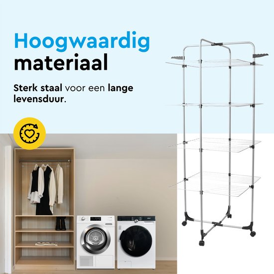 BRASQ Tour de séchage 4 couches - Longueur de séchage 40 mètres - Étagère de séchage avec roulettes et supports - Étagère à linge - Tour de séchage 68x68x169 cm - Blanc