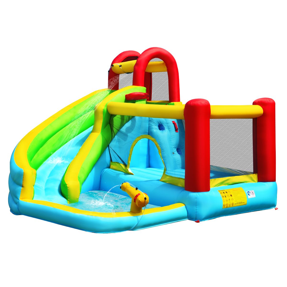Château gonflable Coast 6-en-1 - Toboggan incurvé - Mur d'escalade et canon à eau - 320 x 305 x 213 cm