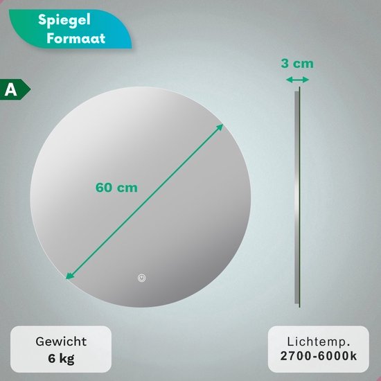 Mirlux Miroir de salle de bain - Rond 60 cm - Eclairage et chauffage LED - Miroir de douche anti-buée - Sans cadre