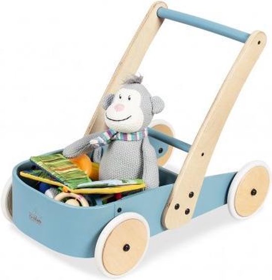 Voiturette en bois - Hêtre massif, bleu pastel et vernis naturel - Un joli cadeau pour la Saint-Nicolas ou Noël