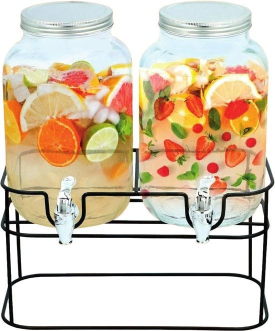 Merkloos Distributeur de boissons double élégant 2x 4 litres Support inclus 33x17x32cm