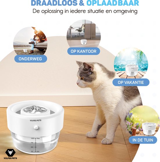 Vulpes Goods® Pets - Abreuvoir pour chat et chien - Abreuvoir sans fil pour chat - Abreuvoir et fontaine à eau pour chat - Rechargeable, portable et sans fil - Abreuvoir pour chien - Anti-déversement - Version PRO