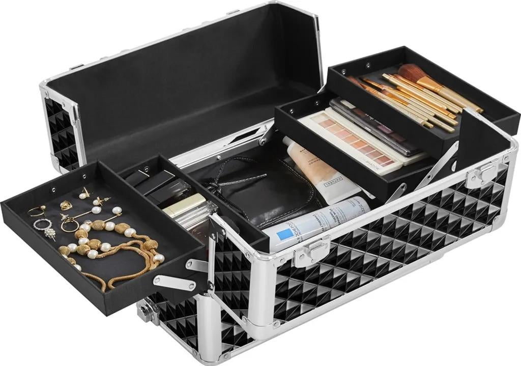 Valise à roulettes 3-en-1 pour produits cosmétiques avec compartiments amovibles et poignée télescopique, noire