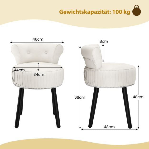 Fauteuil de maquillage Coast en velours avec dossier – 48 x 46 x 66 cm – Blanc