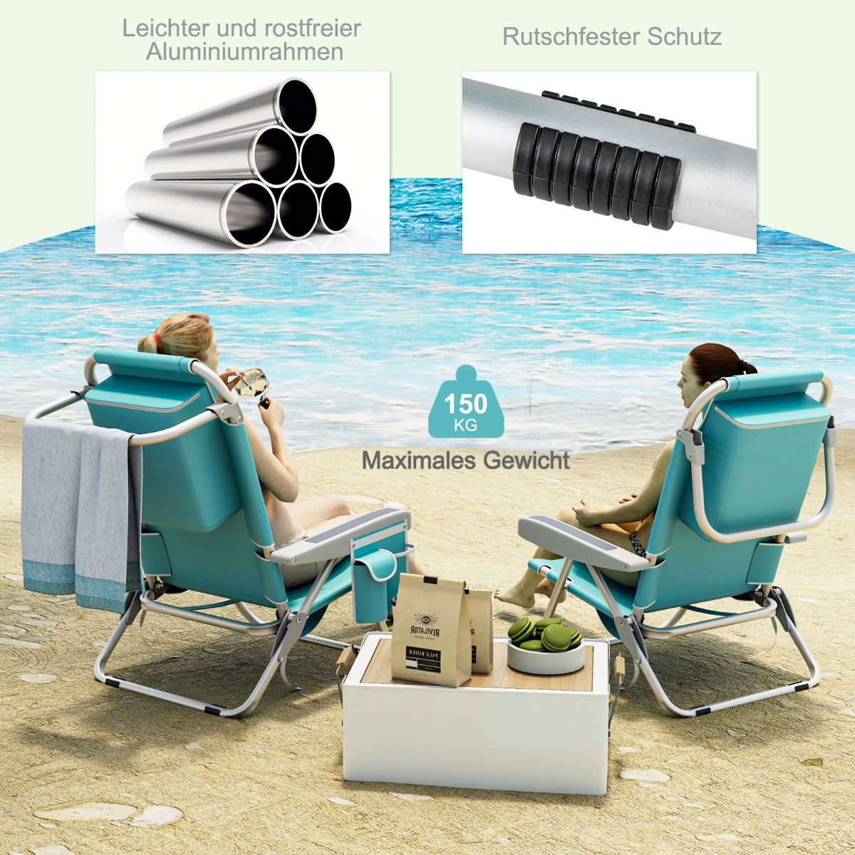 Chaise de plage Coast - 2 pièces - Pliable - Max. 150 kg - 66 x 65 x 78 cm - Bleu