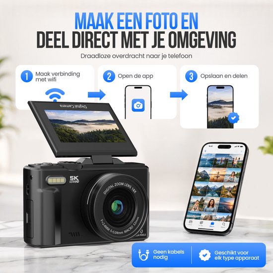 Appareil photo numérique Strex 5K 75 MP - Appareil photo - Appareil photo compact avec Wi-Fi - Appareil photo pour vlog - Appareil photo pour enfants - Zoom 18x - Écran orientable - Noir