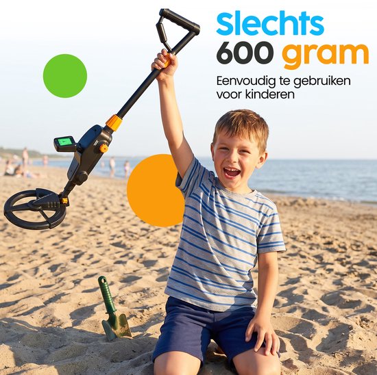 Détecteur de métaux Infinity Goods Junior - Pour enfants - Étanche et léger - Réglable - Écran LCD - Piles et pelle incluses