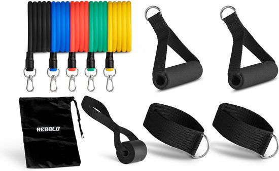 Rebblo - Kit d'entraînement à domicile – 10 pièces – Bandes de résistance – Bandes pour les chevilles – Poignées – Ancrage de porte – Kit de fitness avec sac de rangement inclus - 2/3/4/5/6 kg