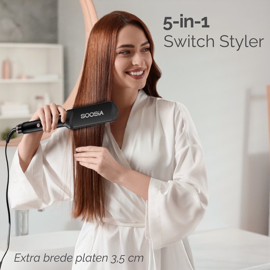 Soosia 5-in-1 Switch Styler - Lisseur, gaufrier, fer à vagues et fer à boucler - Plaques en céramique de 3,5 cm - Or rose