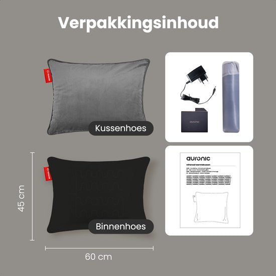Auronic Heat Pillow - Velours - 45x60 - Sans fil - Rechargeable - Oreiller électrique - Infrarouge - Gris