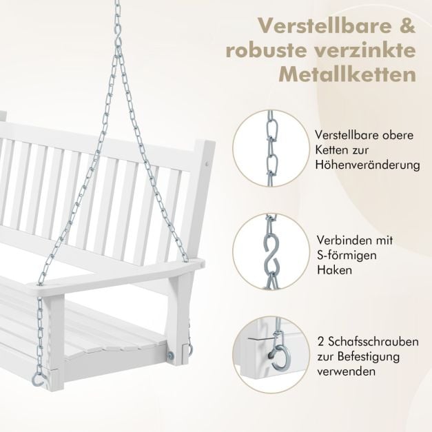 Banc suspendu Coast 3 places en bois – Balançoire de style hollywoodien en bois de peuplier massif avec chaînes réglables – jusqu'à 360 kg – Blanc