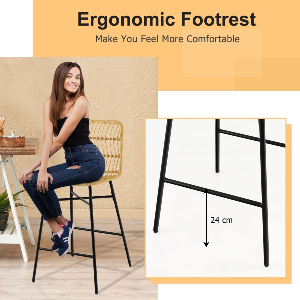 Coast - Tabourets de bar (Lot de 2) - aspect rotin, hauteur d'assise 69 cm, intérieur/extérieur - 49 x 56 x 104 cm - PE Reed/Métal - Naturel