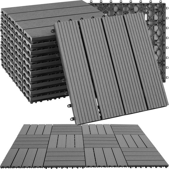 tectake® WPC wood tiles - Dalles aspect bois - Résistant aux intempéries - Sol extérieur - Dalles de sol - Sol de balcon - Dalles de terrasse avec système click - Drain - Lot de 11 - Gris