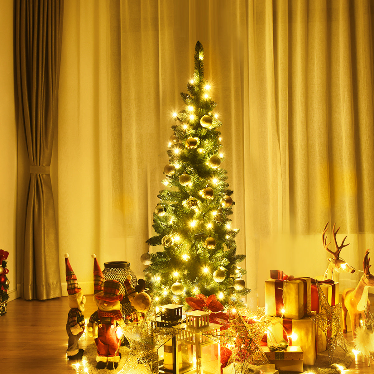 Coast Artificial Christmas Tree Narrow - WITH Warm White LED Lights - Green - 135cm