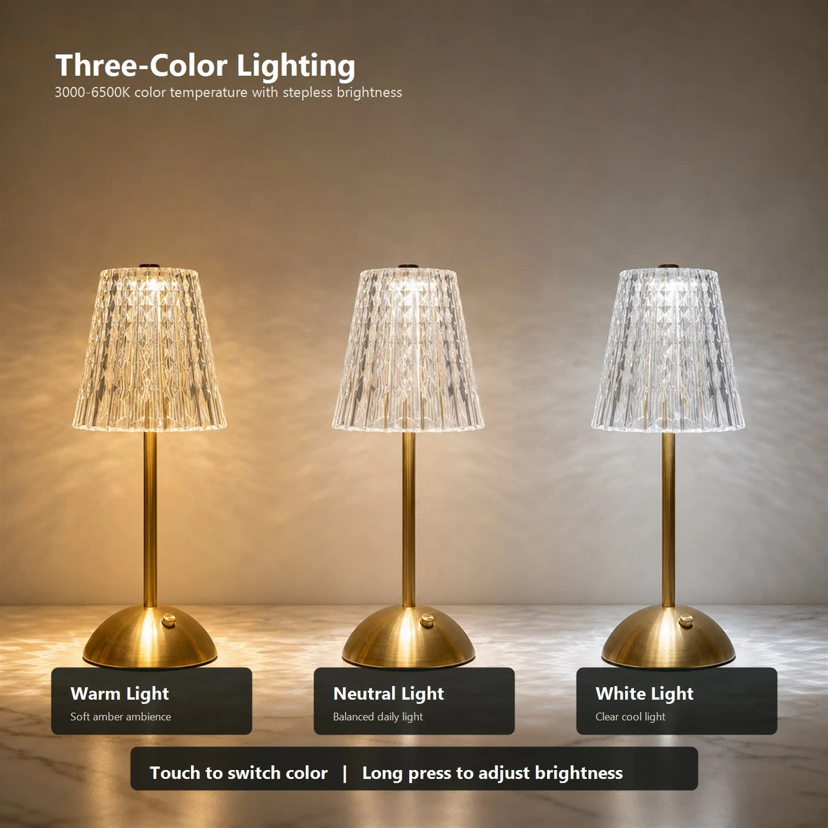 Lampe de table LED sans fil avec commande tactile - 3 couleurs de lumière - Intensité réglable en continu - 1 800 mAh - Rechargeable via USB-C - 8 à 10 heures - Or