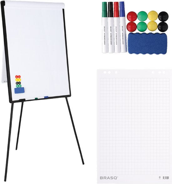 BRASQ Flipchart - 70x100 cm - Tableau blanc ajustable - Comprend 25 feuilles de papier, 4 marqueurs, 8 aimants, une gomme - Tableau magnétique avec crochets - Tableau magnétique - Noir