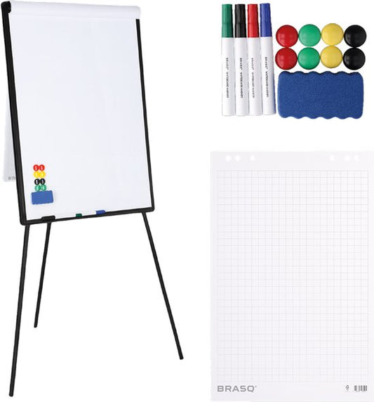 BRASQ Flipchart - 70x100 cm - Tableau blanc ajustable - Comprend 25 feuilles de papier, 4 marqueurs, 8 aimants, une gomme - Tableau magnétique avec crochets - Tableau magnétique - Noir