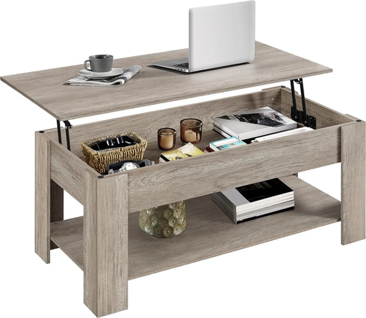 Yaheetech Table Basse avec Fonction Lift-Top - Avec Rangement Caché, Etagère Inférieure Réglable et Mécanisme à Ressort - Pour Salon et Bureau - Mdf Gris et Métal - 120 x 59 x 49.5-63.5 cm