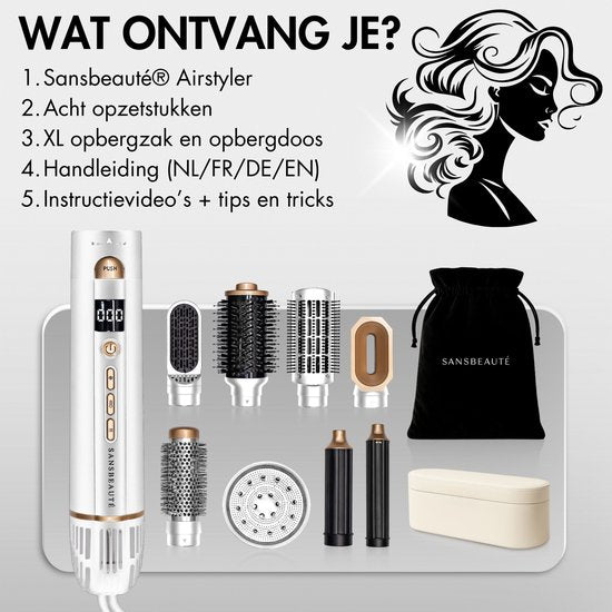 Sansbeauté® 8-in-1 Airstyler avec diffuseur et boîte de rangement - Multistyler - Brosse pour sèche-cheveux cheveux courts - Brosse pour sèche-cheveux - Sèche-cheveux - Brosse chauffante - Brosse à boucler - Fer à boucler - Brosse de coiffage - Câble rota