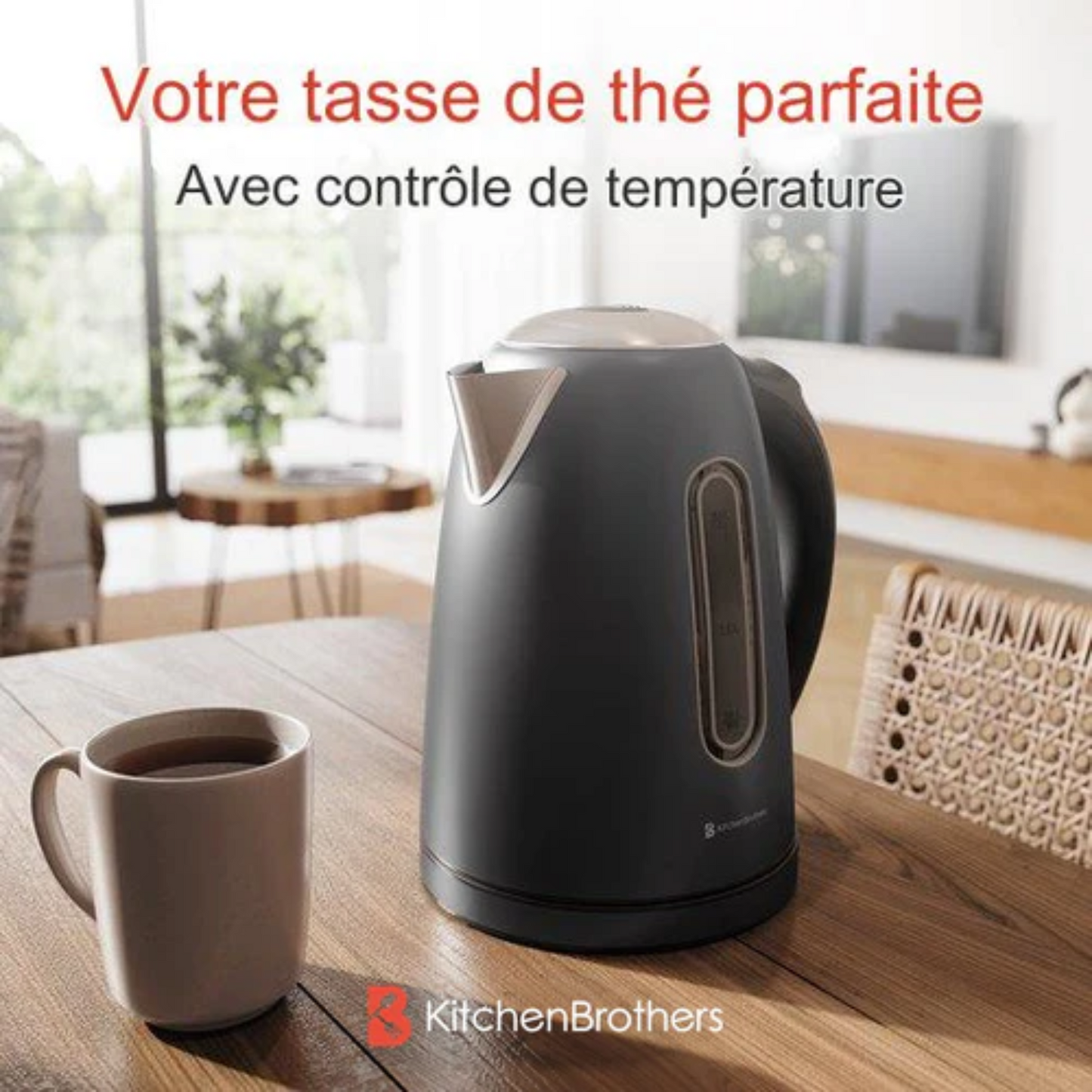 Bouilloire - KitchenBrothers - Avec contrôle de la température - Électrique - Avec filtre à chaux - 1,7L - Noir/RVS