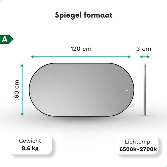 Mirlux Miroir de salle de bain avec éclairage LED et chauffage - Miroir mural ovale - Cadre noir - 120x60CM