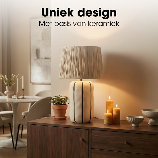 Lampe de table Mica Decorations Denton pour salon - Lampe décorative avec abat-jour - Lampe de bureau, lampes de table pour salon - 48 x ⌀28 cm - Céramique, métal, papier - Beige
