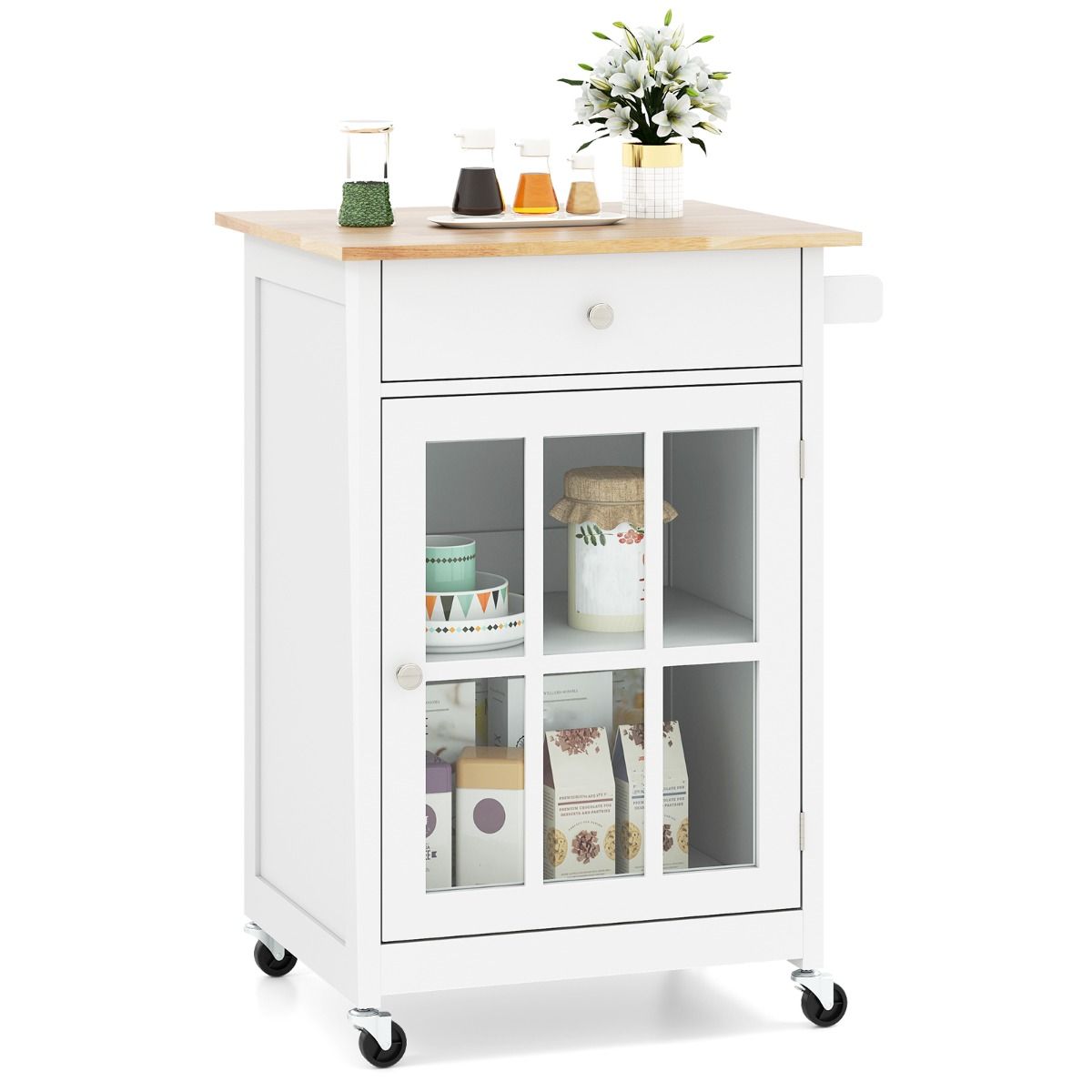 Chariot de cuisine Coast avec plateau en bois, porte vitrée et tiroir - 65 x 48,5 x 87,5 cm - Naturel/Blanc