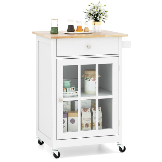 Chariot de cuisine Coast avec plateau en bois, porte vitrée et tiroir - 65 x 48,5 x 87,5 cm - Naturel/Blanc
