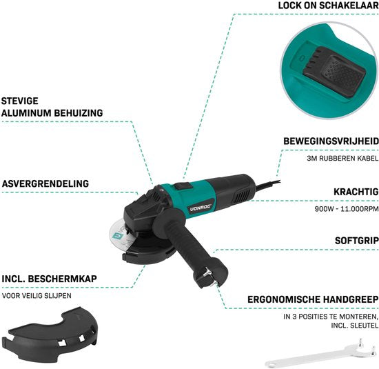 VONROC Meuleuse d'angle 900W - Ø125mm - 11,000 rpm - Avec poignée latérale pour droitier et gaucher - 3 mètres de câble - excl. meule