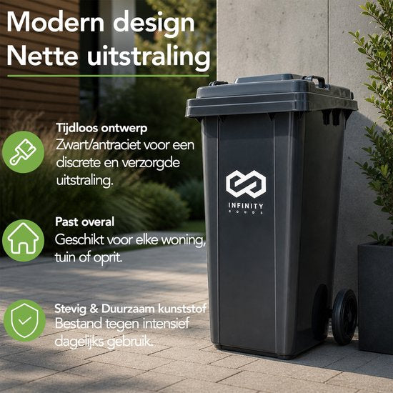 Infinity Goods Kliko 240 L - Conteneur à déchets - Conteneur à roulettes - Mini-conteneur en plastique - Avec roues - Gris
