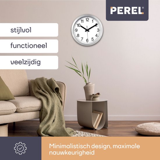 Horloge murale Perel, 30 cm, analogique, silencieuse, avec synchronisation automatique de l'heure via DCF, grand cadran facile à lire, cadre en aluminium argenté, idéale pour le salon, la cuisine, le bureau ou la salle d'attente