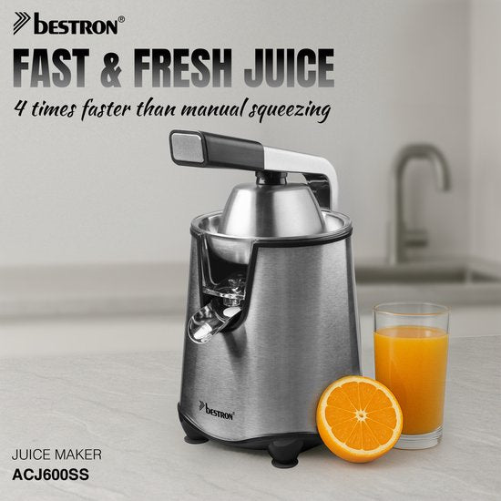 Presse-agrumes électrique Bestron - ACJ600SS - 200 W - Avec 2 cônes de pressage, filtre à pulpe, système anti-gouttes, levier de pressage - Argent - Garantie 5 ans