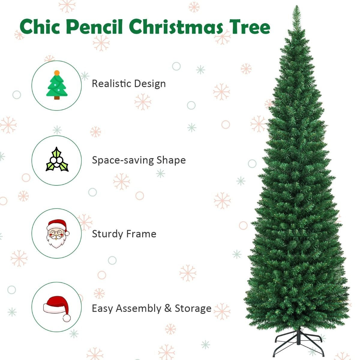 Coast - Sapin de Noël en forme de crayon - 210 cm et 700 pointes - avec support en métal et branches réalistes - pour l'intérieur et l'extérieur - PVC vert et métal