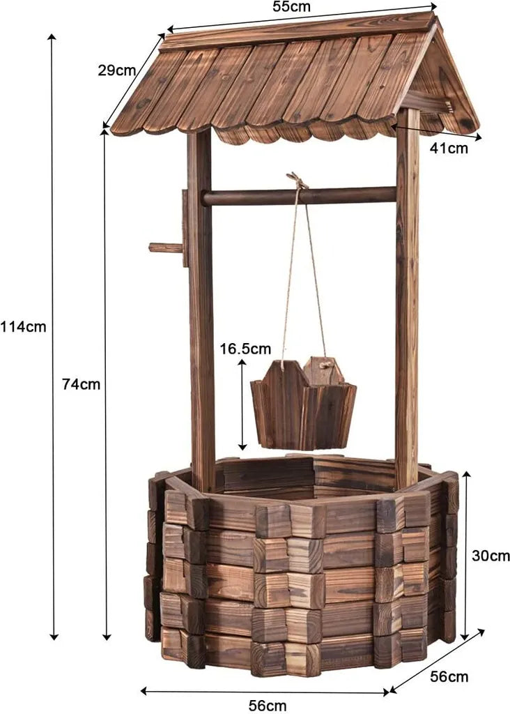 Fontaine de jardin Coast avec puits en bois, seau et pot de fleurs avec toit - Design rustique - 43 x 39 x 72 cm - Marron
