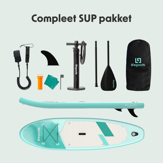 LifeGoods SUP Board All-round Compact - Capacité de charge 100 KG - 300 x 76 cm - Gonflable - Pack SUP complet - Vert menthe
