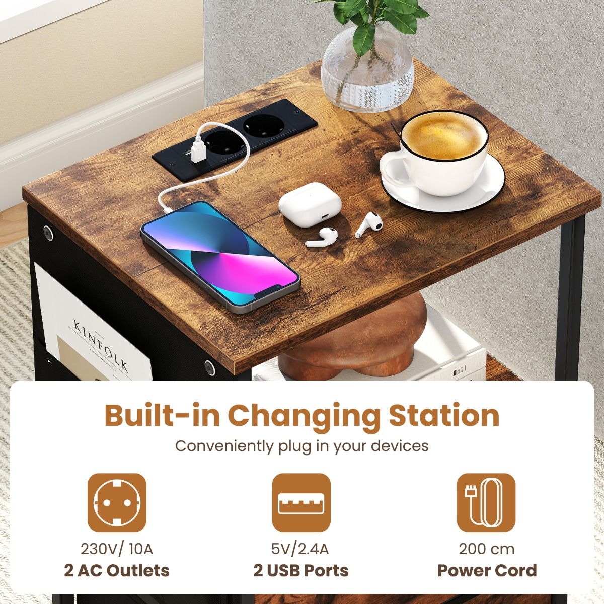 Ensemble de tables d'appoint Coast 2 pièces - avec station de recharge et éclairage LED - 2 tiroirs en tissu et 6 compartiments latéraux - marron rustique