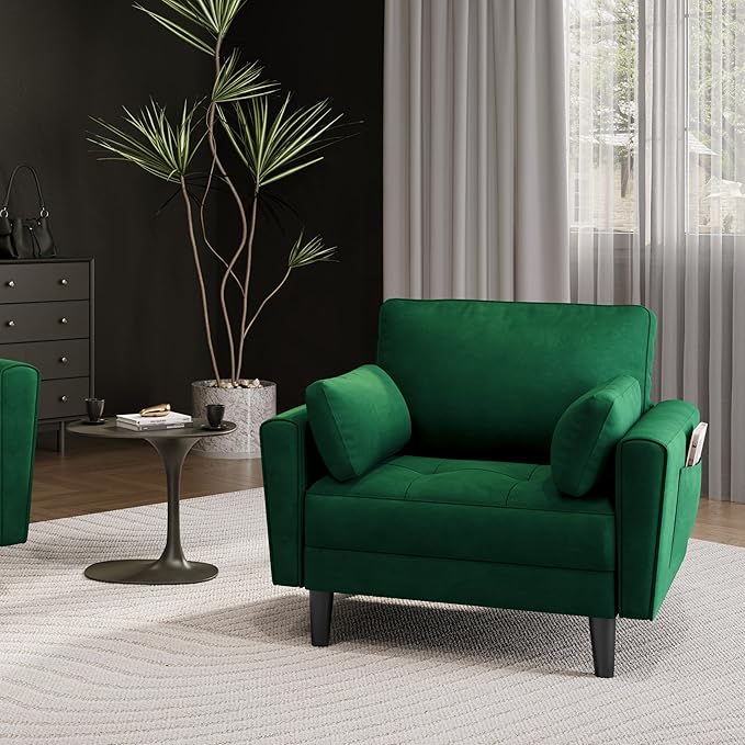 Yaheetech Fauteuil de salon moderne avec accoudoirs et poches Fauteuil de relaxation avec coussins Cadre en bois Fauteuil de chambre en tissu pour salon Vert
