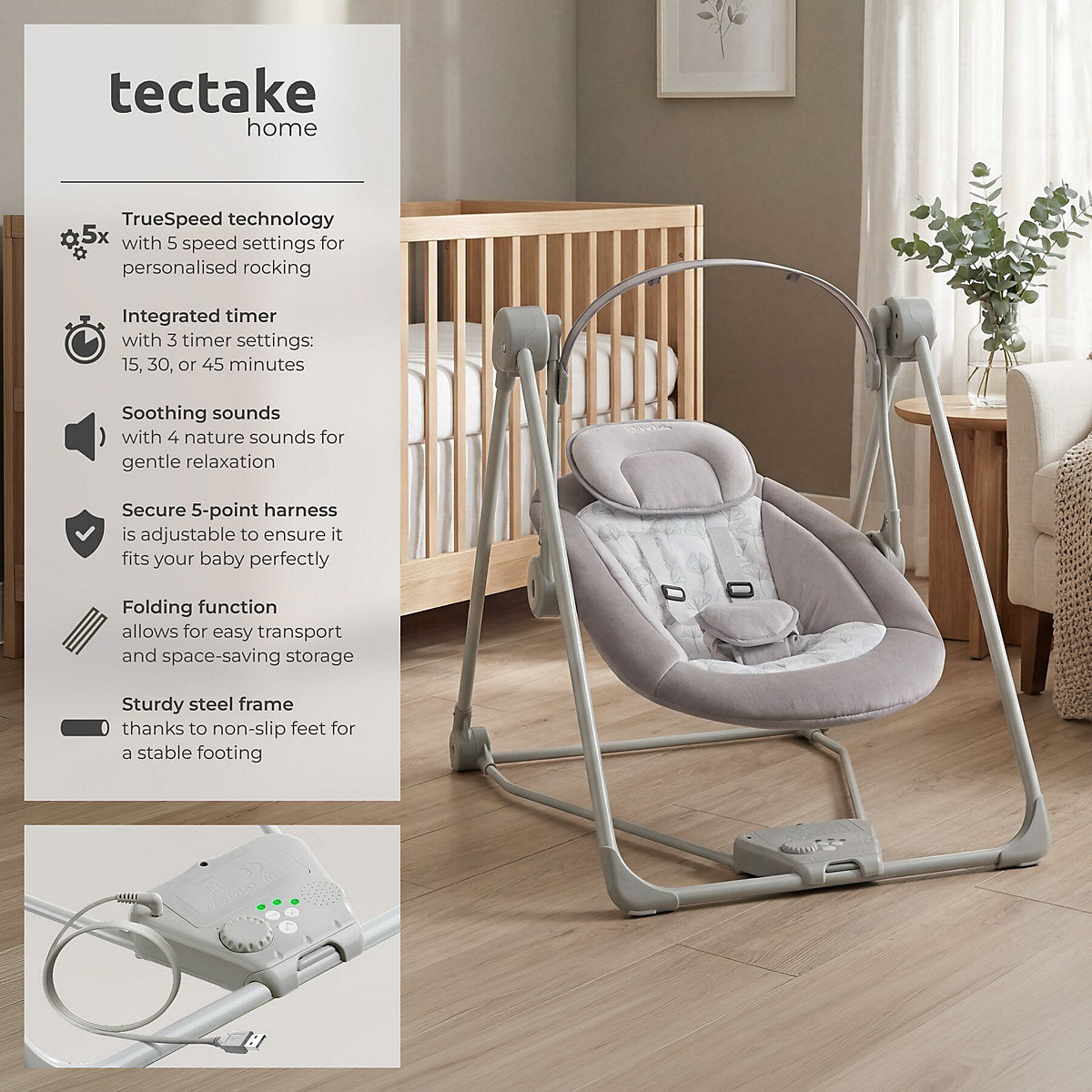 Balançoire pour bébé Tectake 75,5 x 56 x 68 cm - 5 vitesses/minuterie - 4 sons - Gris clair