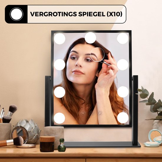 Bayt - Miroir avec éclairage - Miroir hollywoodien avec éclairage - Miroir de maquillage avec éclairage - Dimmable - Grossissement 10x - 36 x 30 cm - Noir