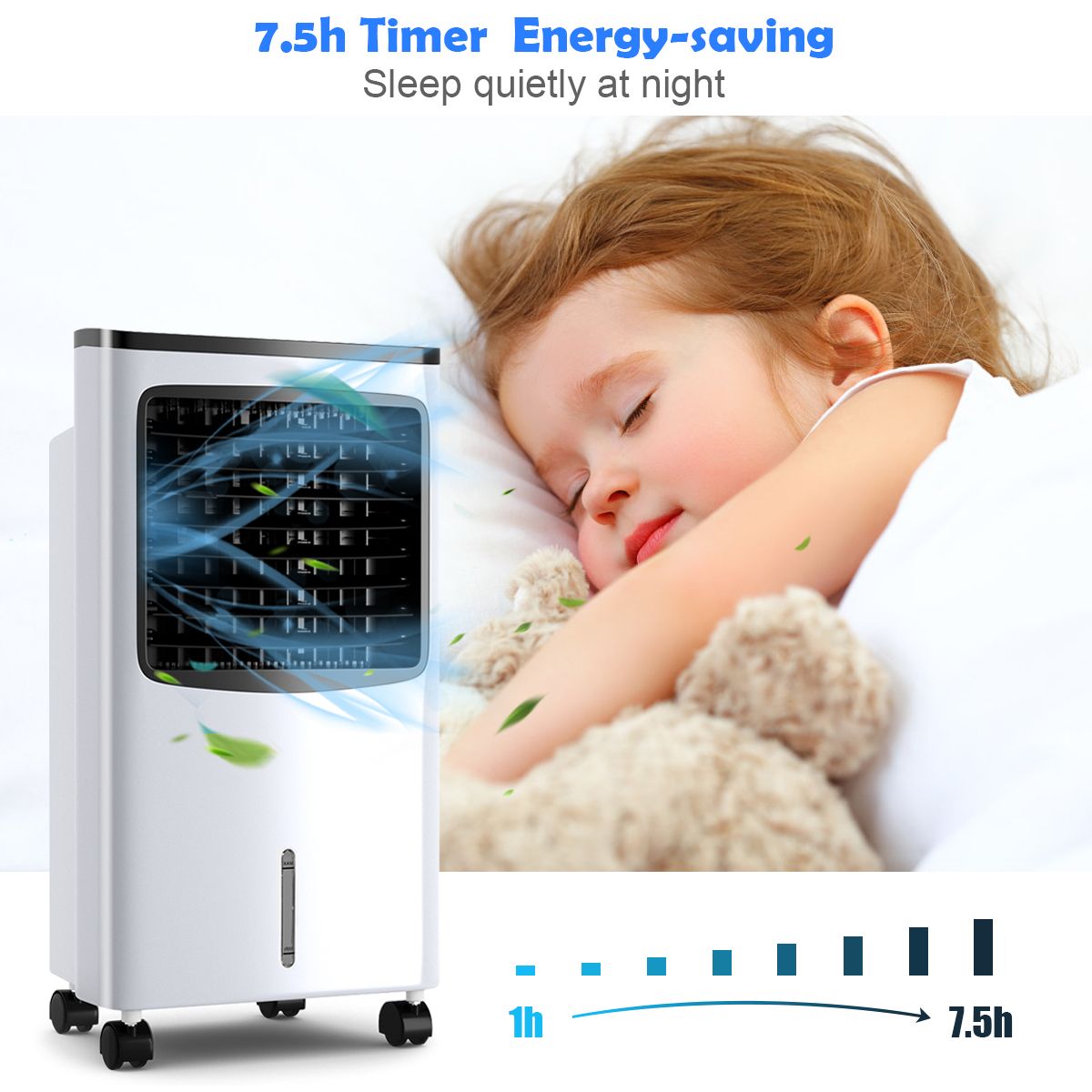 Climatiseur portable Coast - Climatiseur par évaporation 4-en-1 - Réservoir d'eau de 8 litres - Oscillation à 70° - Noir/blanc