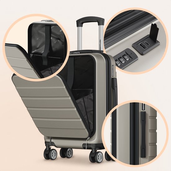 Valise TRVLMORE - 54 x 37 x 23 cm - Avec poche avant - 44 L - Cadenas TSA - 4 roulettes - Couleur champagne