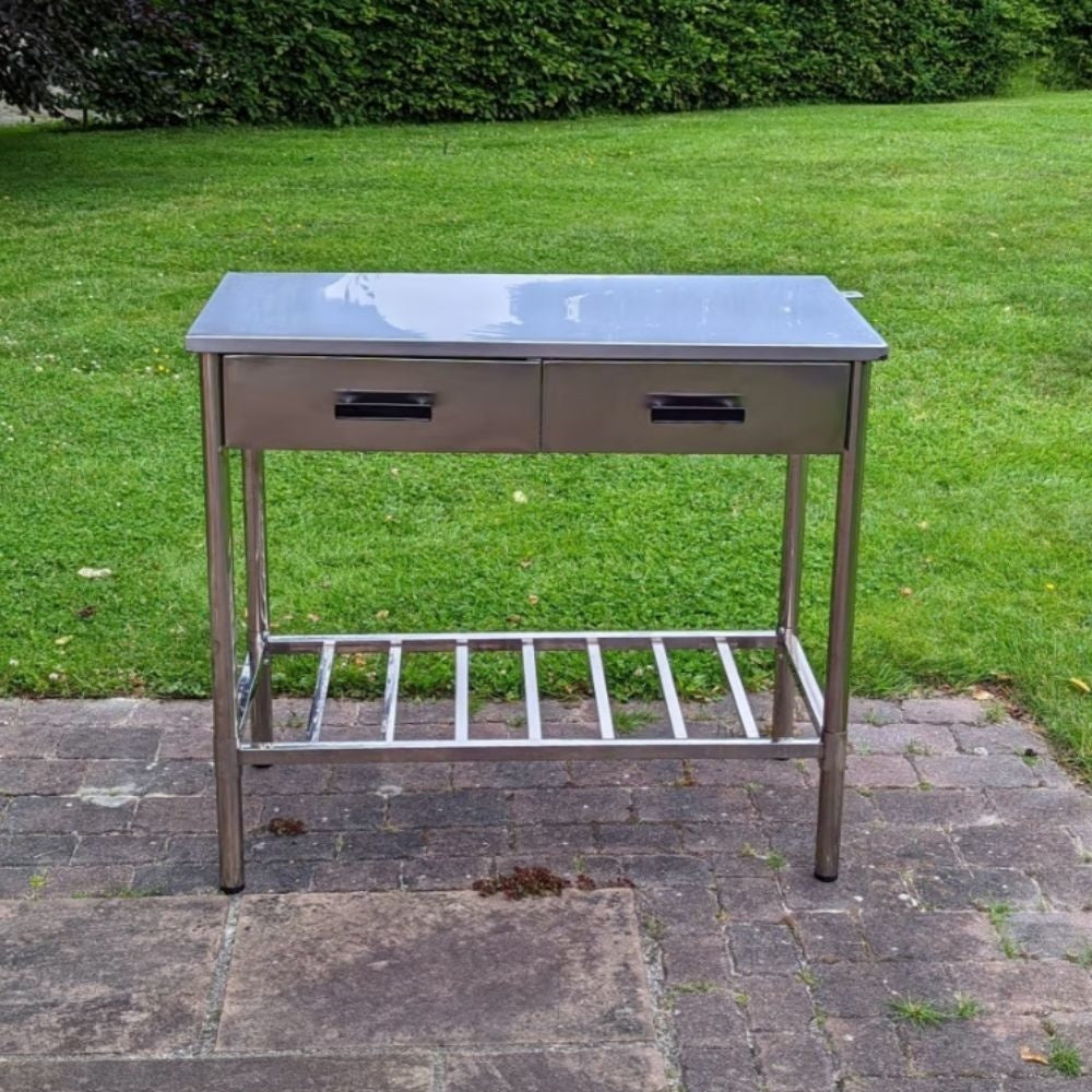 Plan de travail extérieur - Garten BBQ - Cuisine de jardin - Table en acier inoxydable - réglable - 2 tiroirs - 100x50.5x87cm - blanc/gris