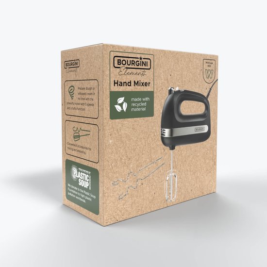 Bourgini Elements - Batteur à main - 5 vitesses avec fonction Turbo - Accessoires en acier inoxydable - Puissance de 400 W - Matériaux recyclés certifiés GRS