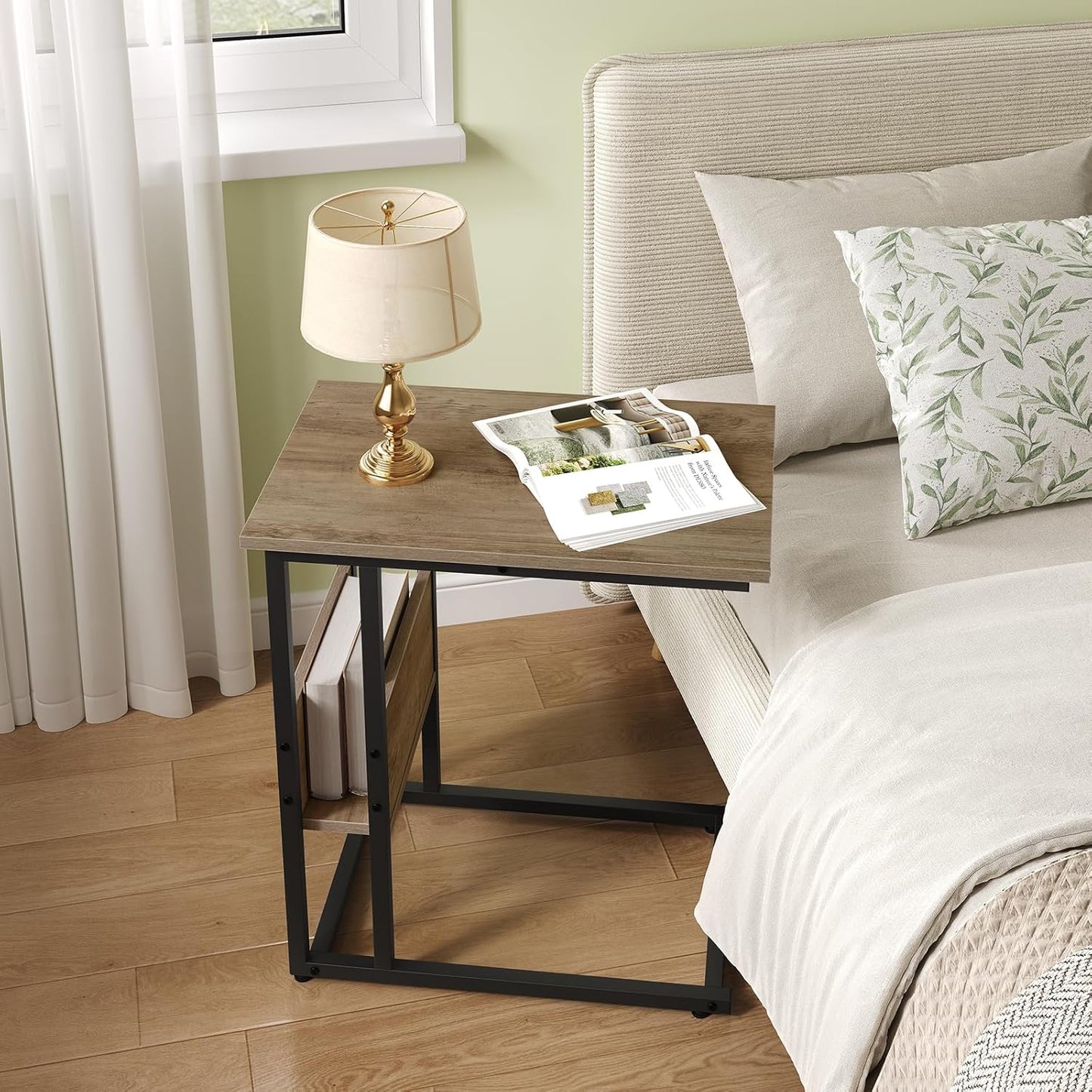 Table d'appoint Woltu en forme de C avec étagère de rangement - Aspect bois gris - Métal - 55 x 36 x 59,5 cm