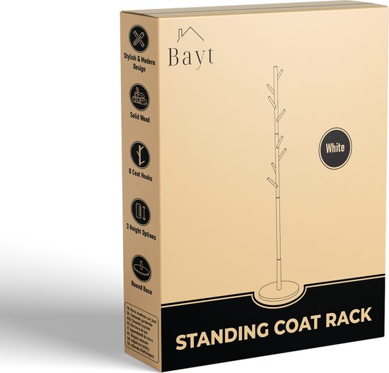 Bayt Porte-manteau - Porte-manteau sur pied - Porte-manteau bois - Porte-manteau sur pied - Porte-manteau - 8 crochets - 175 cm - Blanc