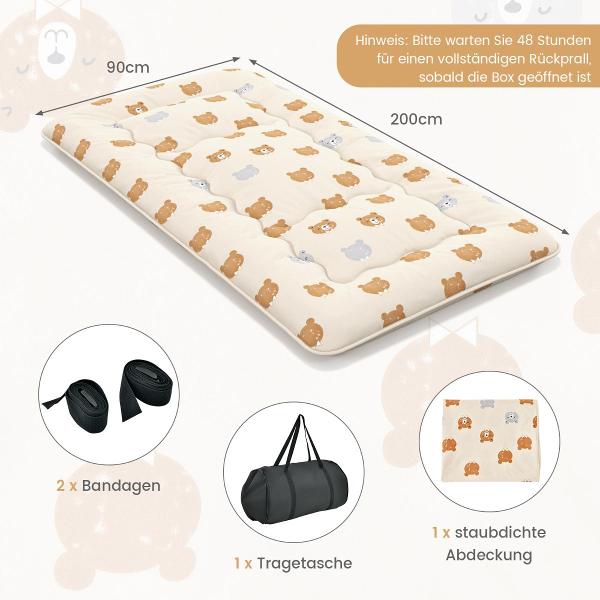 Matelas Futon Coast avec housse amovible et sac de transport - 90 x 200 cm - Crème