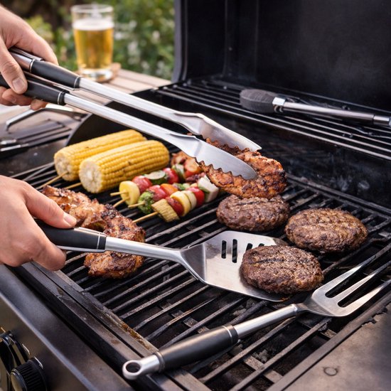 alpina BBQ Tools Set - 6-Piece Barbecue Set with Spatula, BBQ tongs and Meat Fork - Includes 4 Skewers - Stainless Steel - Ideal for Grilling Meat and Vegetables